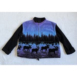 Vintage Black Mountain Fleece Jacket AOP Size 2X Moose Print Purple Blue